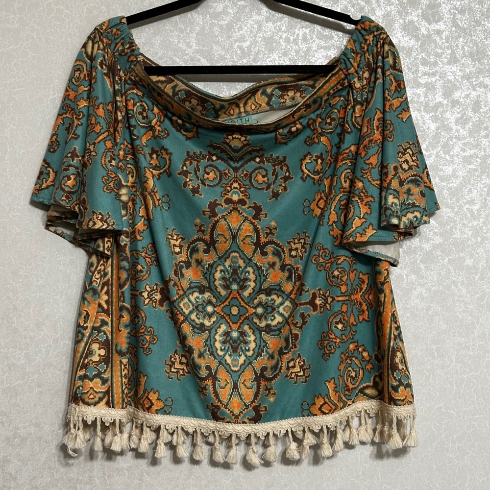 Judith March Boho Off Shoulder Tassel Fringe Trim Top Teal Orange Paisley Sz L‎